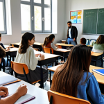 **

Prompt: Turkish university classroom, students collaborating on character designs, international collaboration concept, featuring digital art tools, multicultural atmosphere, academic setting, bright and inspiring.

**