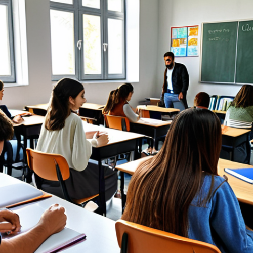 **

Prompt: Turkish university classroom, students collaborating on character designs, international collaboration concept, featuring digital art tools, multicultural atmosphere, academic setting, bright and inspiring.

**