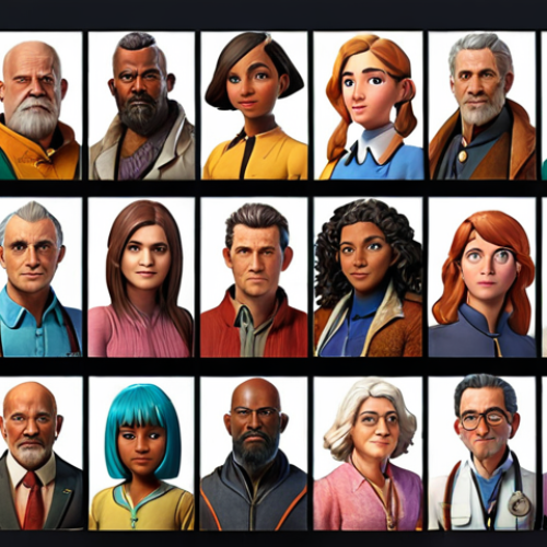 **

Prompt: Diverse character lineup, showcasing different ages, professions, and personalities. Emphasis on character backstories and storytelling through design. Bright, eye-catching colors. ArtStation featured.

**