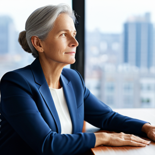 A thoughtful, middle-aged professional woman, embodying the 'wise elder' archetype, with a serene expression, seated calmly at a sleek, minimalist wooden desk in a sunlit, modern office. She is dressed in a modest, elegant business suit in deep blue with a soft white blouse. The background features blurred cityscapes through large windows, suggesting depth and perspective. Perfect anatomy, correct proportions, natural pose, well-formed hands, proper finger count, natural body proportions, professional photography, high quality, soft studio lighting, ultra-detailed, 8K, safe for work, appropriate content, fully clothed, professional.