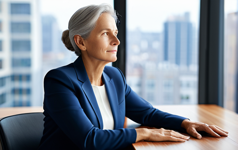 A thoughtful, middle-aged professional woman, embodying the 'wise elder' archetype, with a serene expression, seated calmly at a sleek, minimalist wooden desk in a sunlit, modern office. She is dressed in a modest, elegant business suit in deep blue with a soft white blouse. The background features blurred cityscapes through large windows, suggesting depth and perspective. Perfect anatomy, correct proportions, natural pose, well-formed hands, proper finger count, natural body proportions, professional photography, high quality, soft studio lighting, ultra-detailed, 8K, safe for work, appropriate content, fully clothed, professional.